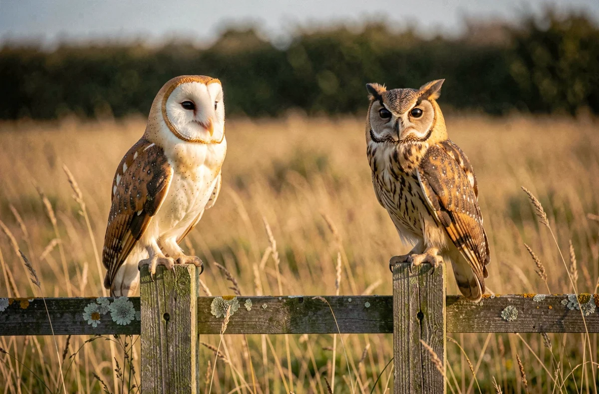 Effraie des clochers et hibou des marais côte à côte sur des poteaux de clôture, comparaison des silhouettes et formes de tête