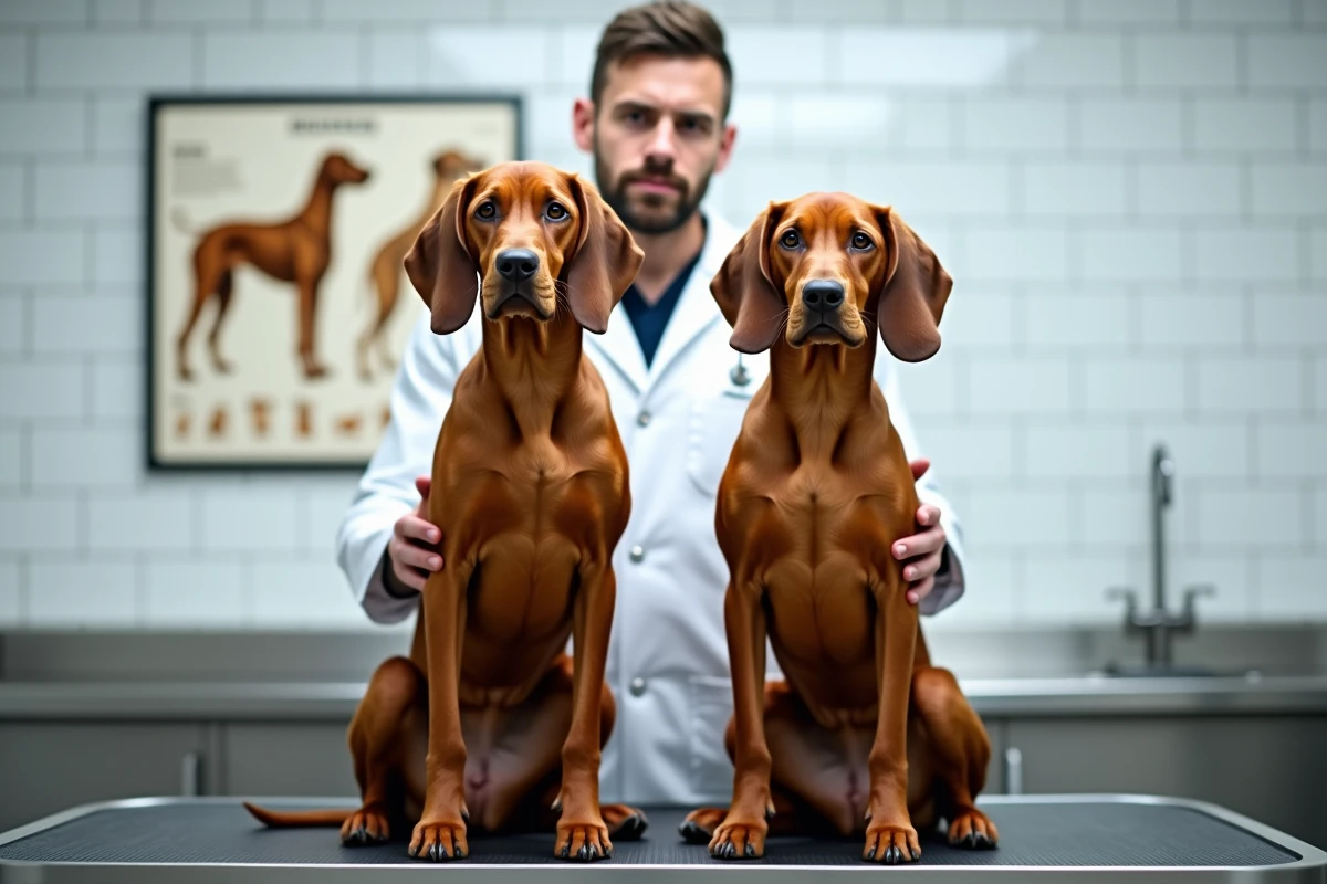 Comparaison de deux chiens Redbone Coonhound sur une table vétérinaire pour identifier les critères de race pure et détecter les signes d'un croisement