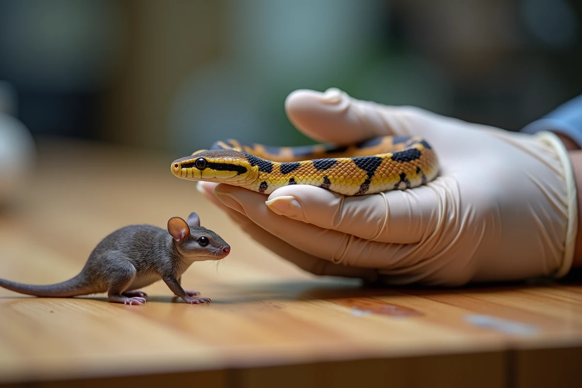 Comparaison visuelle entre la taille du corps d'un serpent des blés adulte et la taille d'une proie souris congelée adaptée