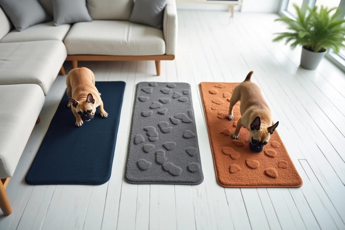 Comparatif de trois tapis absorbants pour chien posés côte à côte avec un bouledogue français