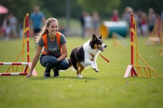 Maître-chien et border collie franchissant un obstacle lors d'une compétition d'agility 2026