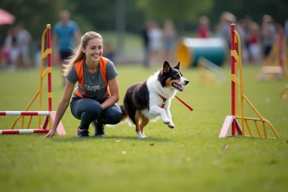 Maître-chien et border collie franchissant un obstacle lors d'une compétition d'agility 2026