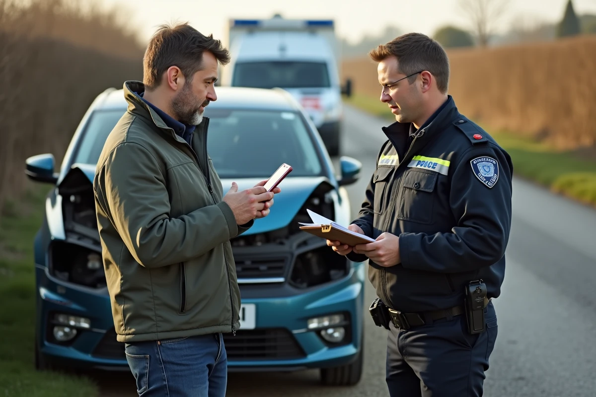 Conducteur constatant les dégâts après un accident avec un sanglier et déclarant le sinistre à un gendarme