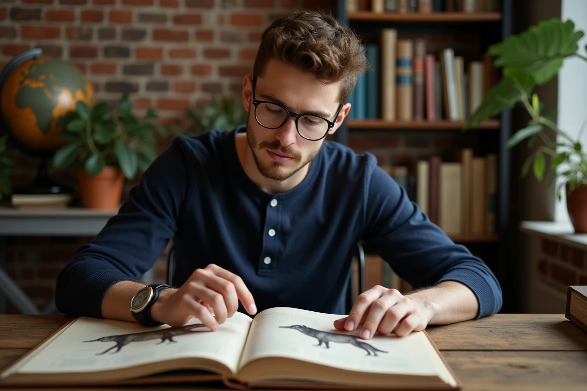 Jeune homme consultant un atlas de taxonomie animale pour découvrir le nom scientifique latin d'un loup