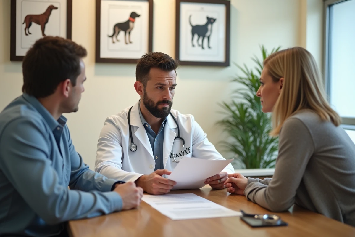Consultation vétérinaire entre un médecin et un couple de propriétaires d'animaux discutant des responsabilités légales liées à leur animal