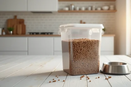 Grand conteneur à croquettes pour chien 30 kg en plastique translucide avec couvercle hermétique posé sur un sol de cuisine en bois