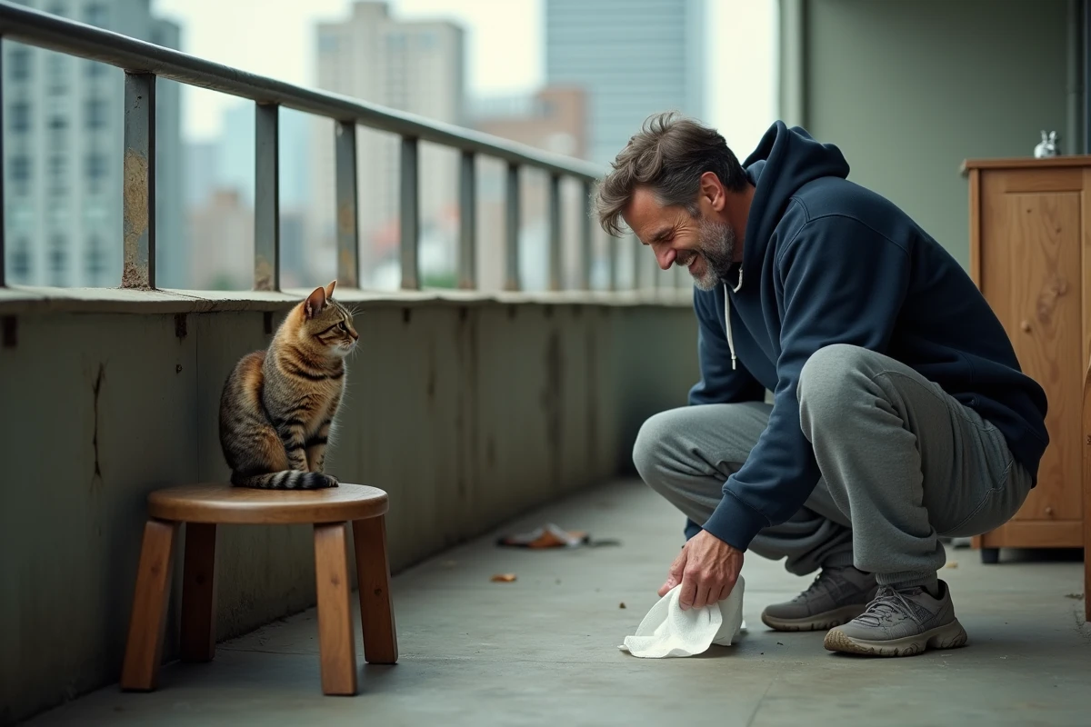 Homme nettoyant les déjections de son chat sur un balcon urbain, montrant les contraintes du quotidien avec un animal de compagnie