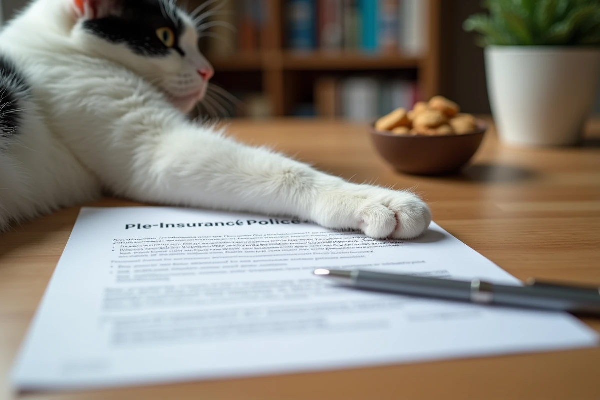Patte de chat posée sur un contrat d'assurance animale sur un bureau à domicile