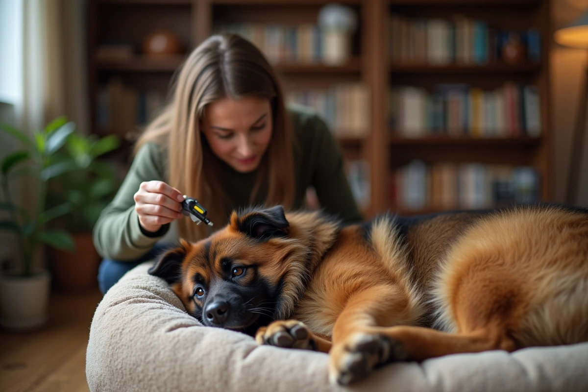 Propriétaire inspectant les yeux de son chien Eurasier à domicile pour prévenir les maladies oculaires héréditaires