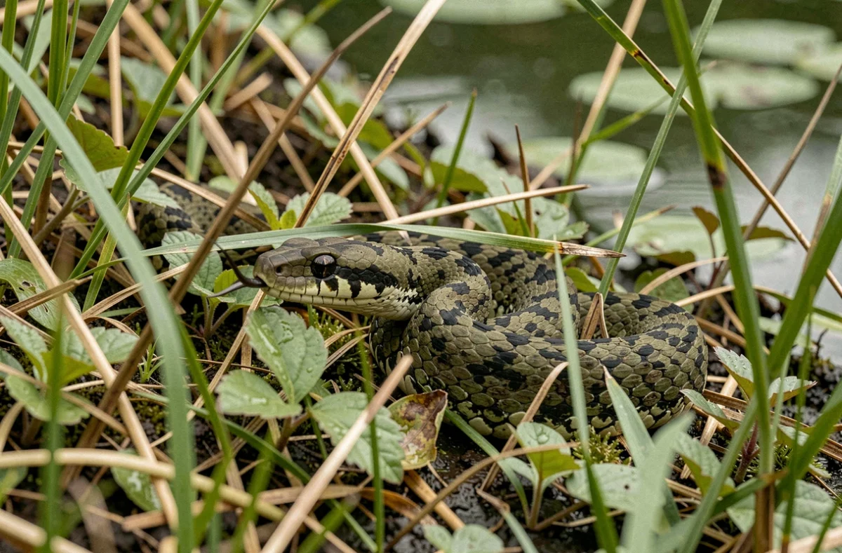 Couleuvre à collier semi-cachée dans la végétation au bord d'un étang, illustrant comment identifier un serpent inoffensif dans la nature
