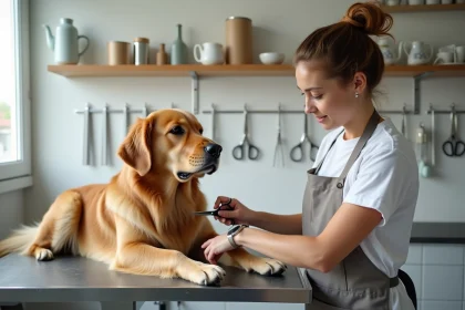 Toiletteuse professionnelle qui coupe les bourres de poils entre les pattes d'un golden retriever sur une table de toilettage en inox