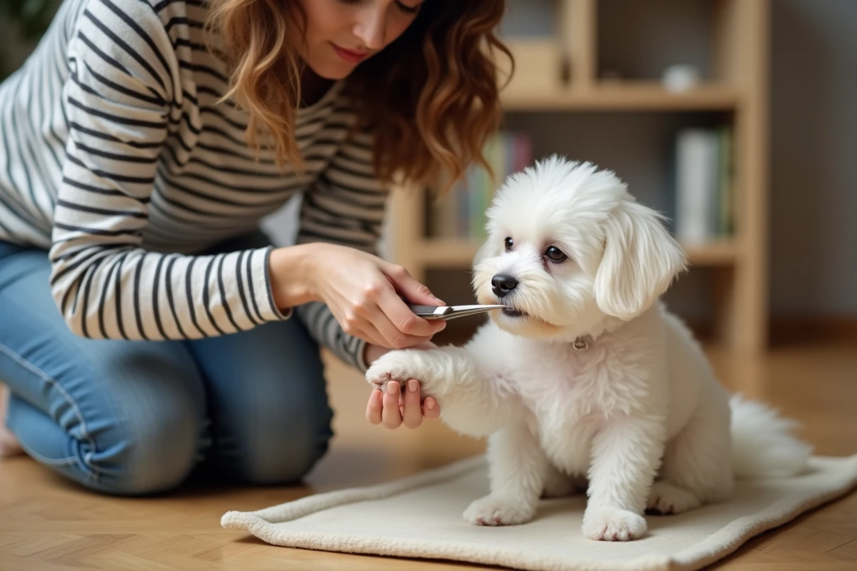 Jeune femme taillant les poils des pattes de son bichon frisé avec des ciseaux de toilettage arrondis sur un parquet en bois