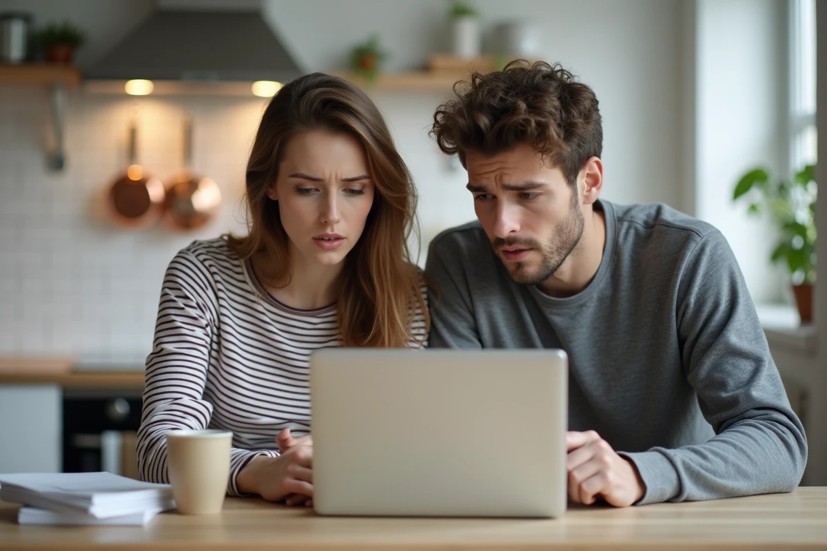 Jeune couple consultant des profils d'adoption de chiens sur un ordinateur portable dans une cuisine moderne