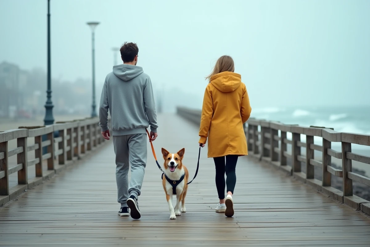 Couple se promenant avec leur border collie en harnais sur une promenade côtière sans que le chien tire