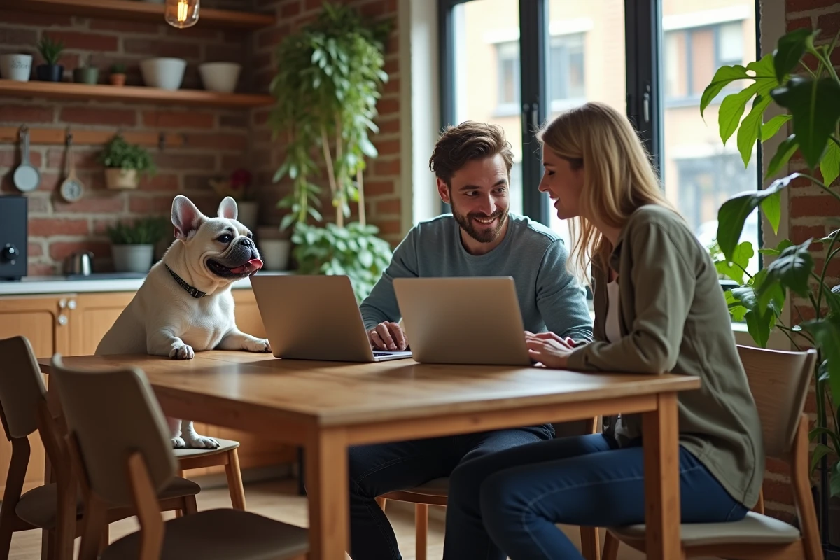 Couple cherchant la meilleure assurance pour leur bouledogue français sur un ordinateur portable