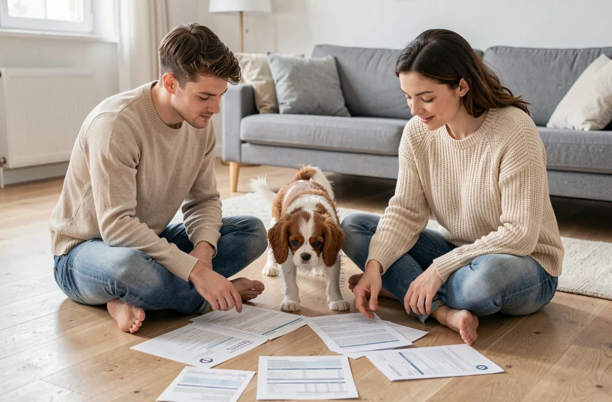 Couple consultant les frais d'adoption et le coût d'un chiot Cavalier King Charles Spaniel dans un appartement moderne
