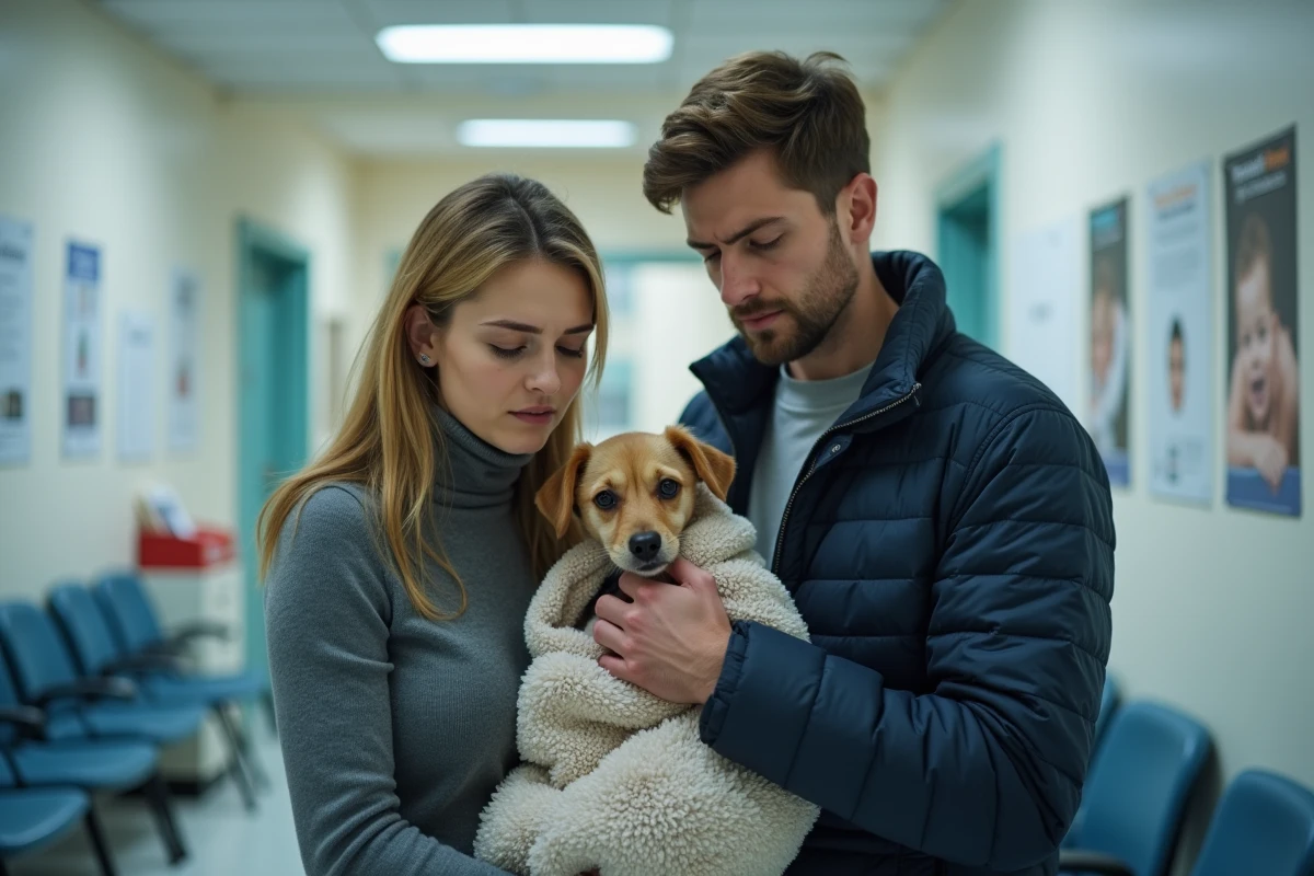Couple stressé dans une salle d'attente vétérinaire tenant leur chien malade, évoquant les coûts et inquiétudes liés aux soins des animaux