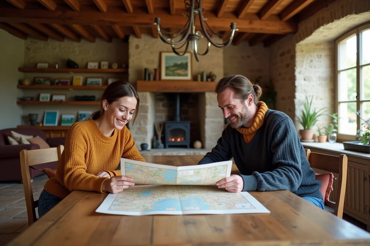Couple de vacanciers consultant une carte dans le séjour d'un gîte rustique avec poutres apparentes