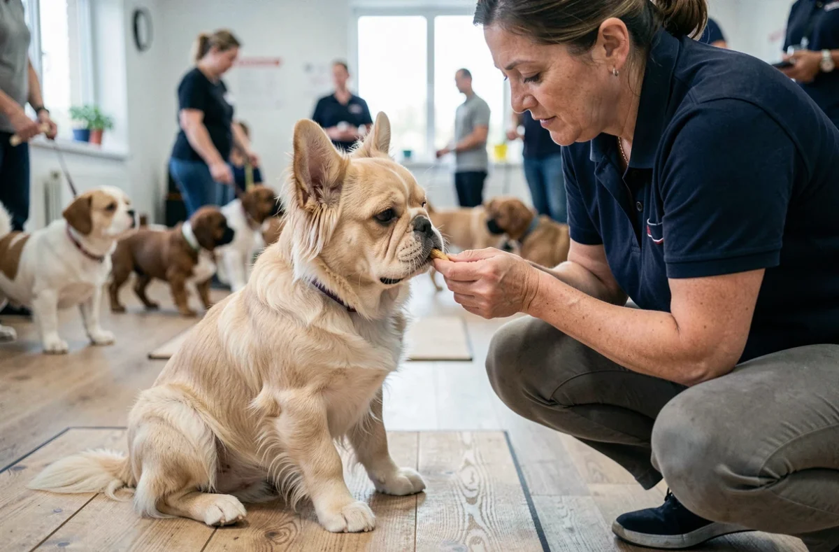 Cours de socialisation pour chiot bouledogue français poil long avec une éducatrice canine