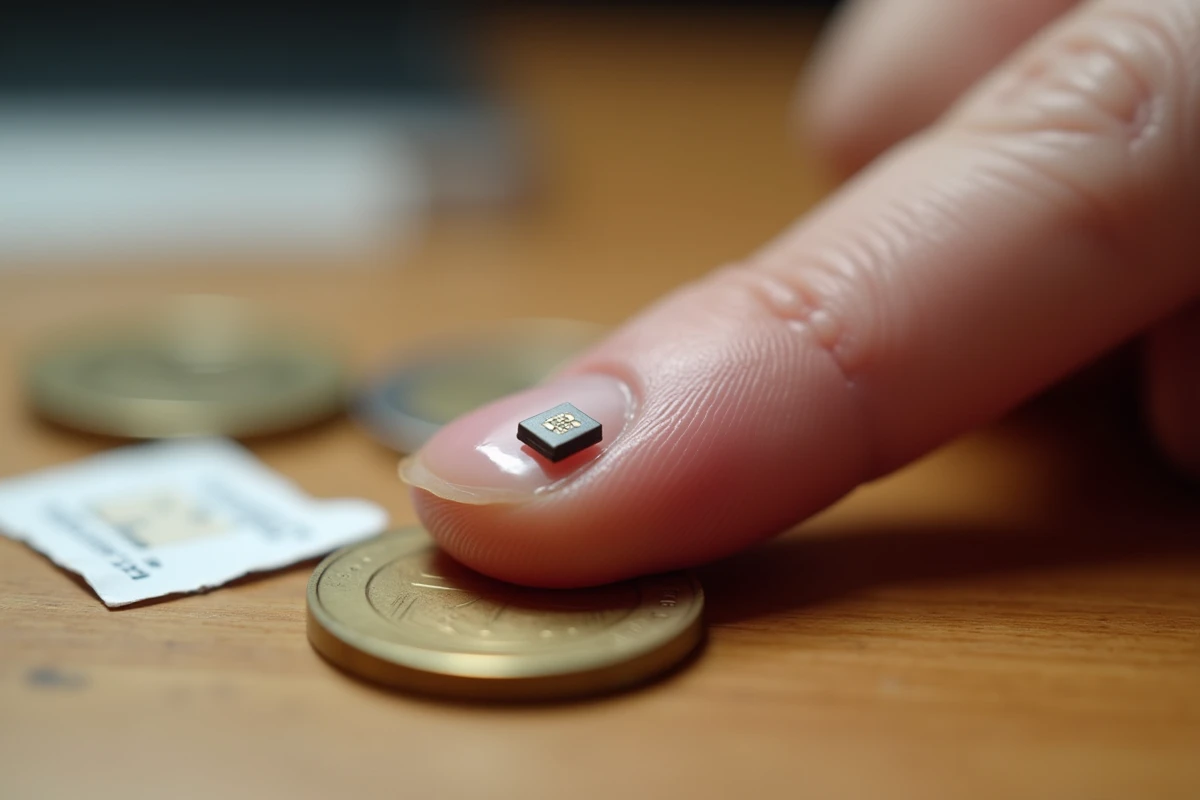 Puce électronique RFID sur un doigt entourée de pièces d'euros symbolisant le coût de la puce pour animal