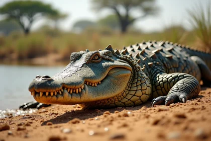 Grand crocodile du Nil reposant sur une berge sablonneuse en Afrique subsaharienne, animal dangereux pour l'homme