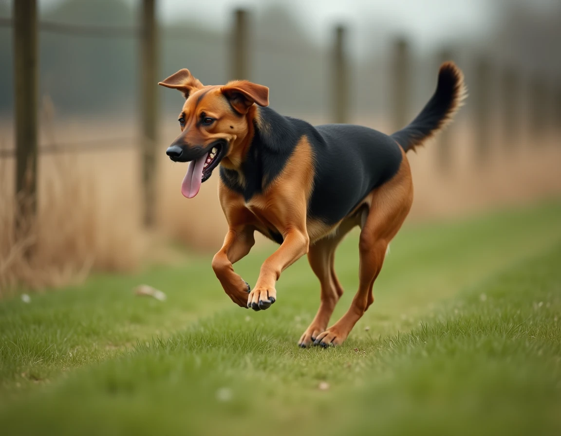 Chien croisé Labrador Malinois en pleine course dans un champ, illustration de son énergie et de ses besoins physiques élevés