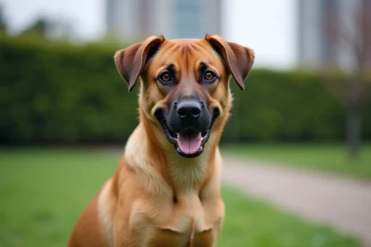 Croisé Labrador Malinois assis dans un parc urbain, regard attentif et posture alerte, portrait 3/4 en plein air
