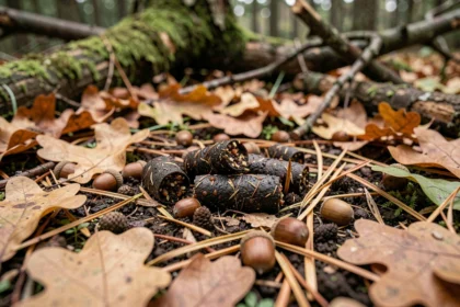 Crotte de sanglier sur un sol forestier automnal avec feuilles mortes et glands, vue rapprochée macro