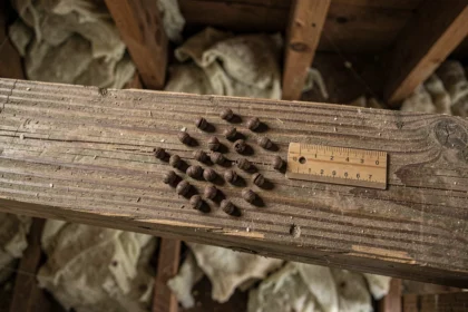 Comparaison visuelle de crottes de fouine et crottes de rat sur une poutre en bois avec règle de mesure