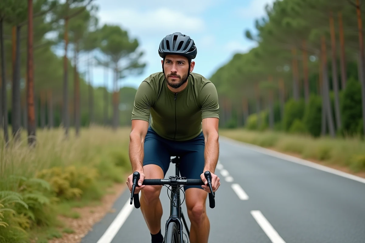 Cycliste sur une piste cyclable vers le Zoo de La Palmyre depuis Les Mathes le long de l'avenue de Royan