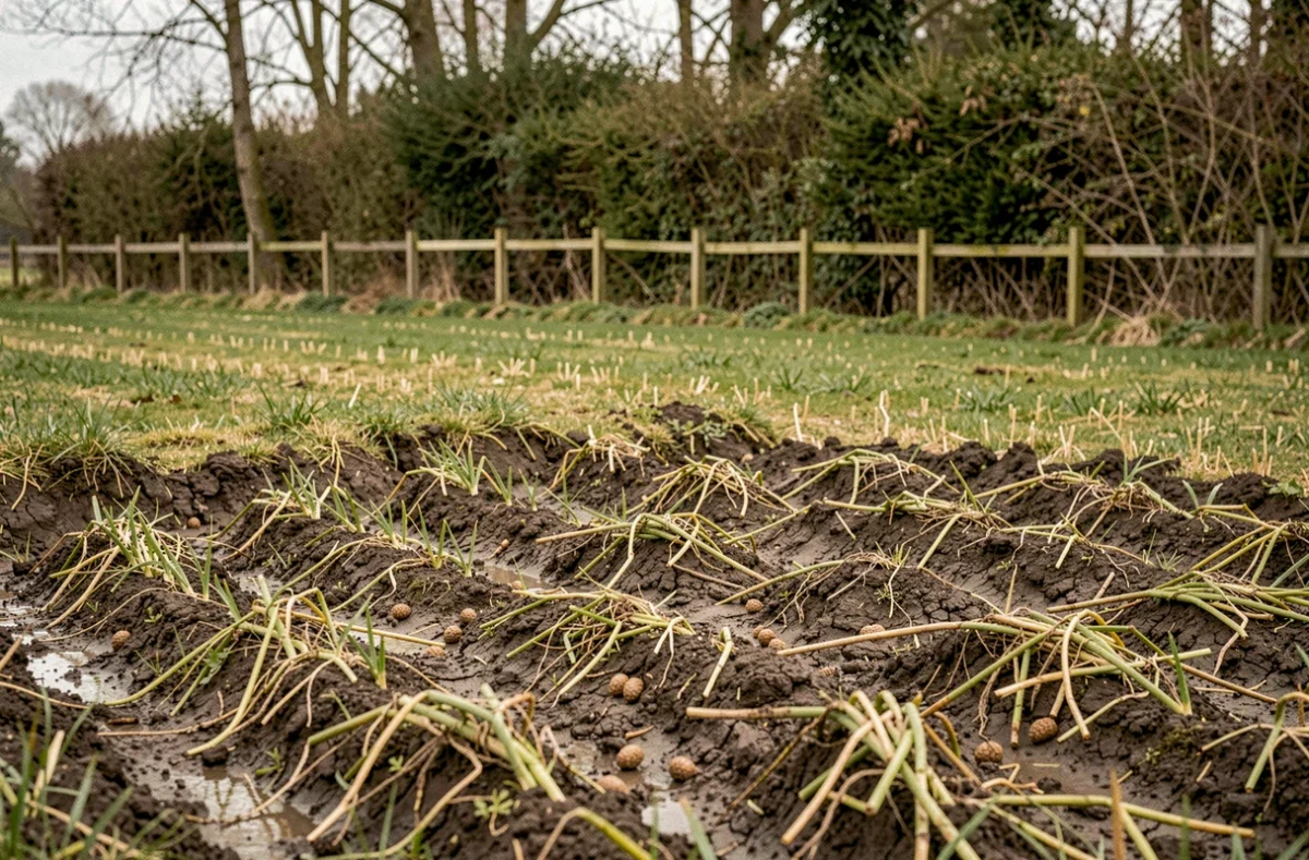 Dégâts de sangliers en bordure de champ agricole avec crottes et sol retourné près d'une haie bocagère
