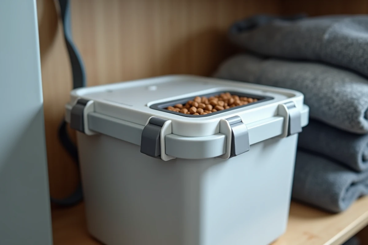 Gros plan sur le couvercle hermétique et les clips de fermeture d'un conteneur à croquettes pour chien de 30 kg