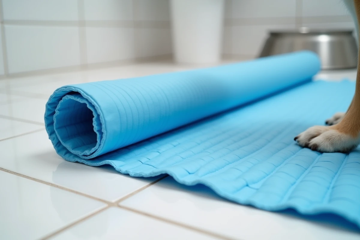 Gros plan d'un tapis rafraîchissant pour chien légèrement abîmé montrant l'intérieur en gel, illustrant les risques liés à l'usure du tapis de refroidissement