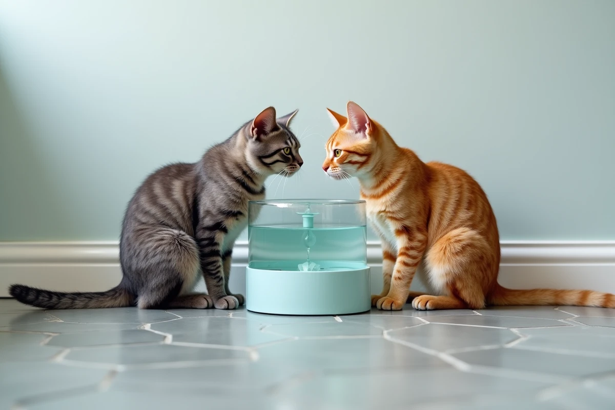 Deux chats curieux observant une fontaine à eau pour animaux fraîchement remplie sur un sol de salle de bain carrelé