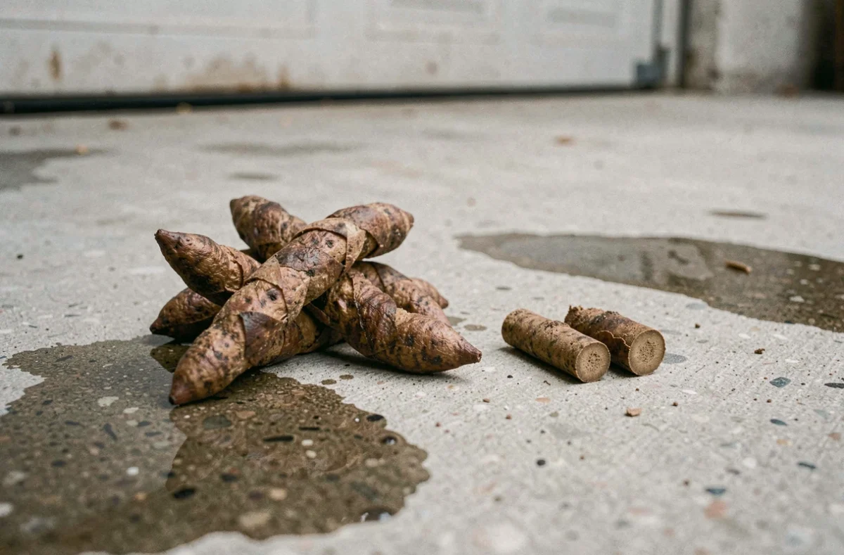 Différence visuelle entre crottes de fouine et crottes de rat sur sol en béton de garage