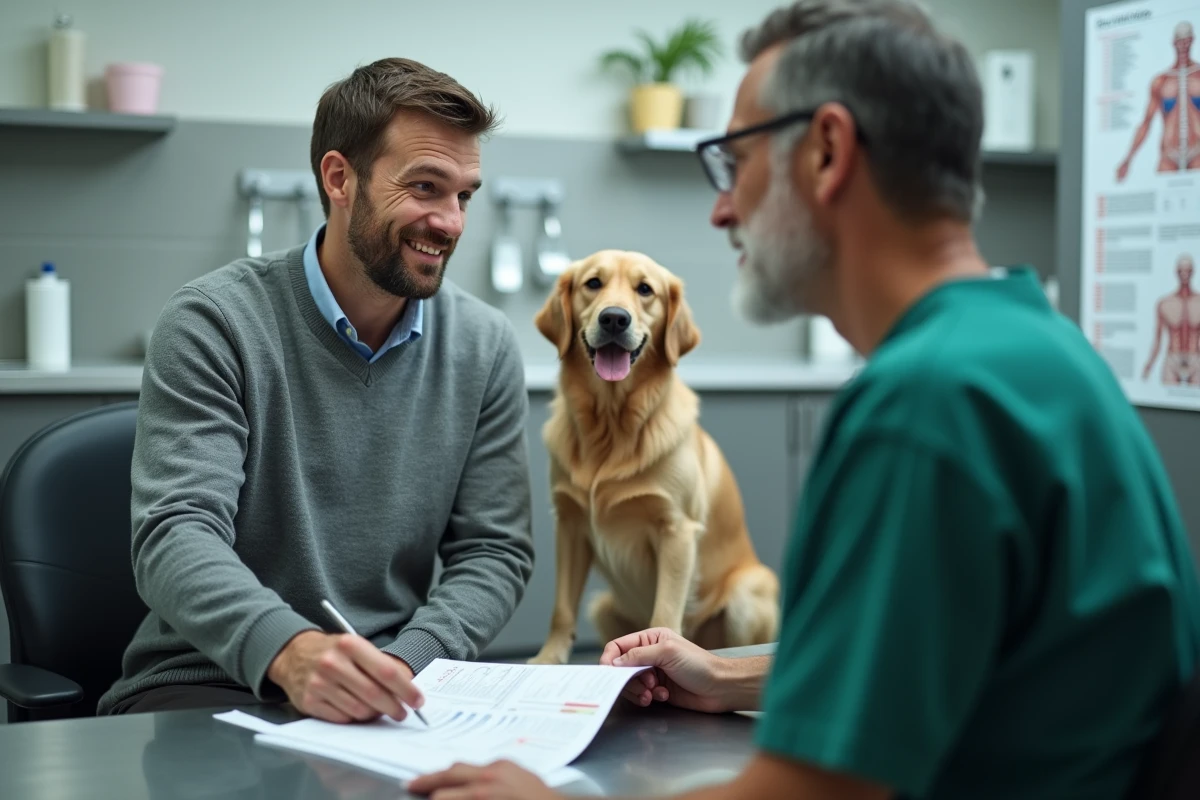 Un propriétaire de chien discute d'un devis vétérinaire avec un vétérinaire lors d'une consultation