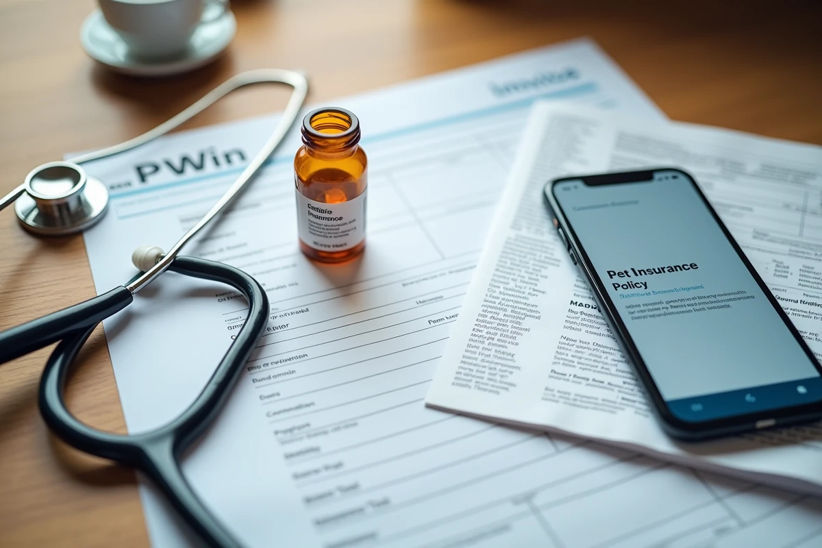 Bureau avec facture vétérinaire, flacon de médicament injectable pour chien et documents d'assurance animaux de compagnie pour remboursement Librela