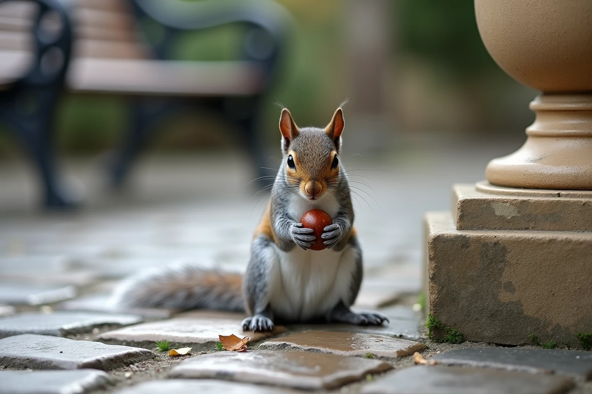 Écureuil gris tenant un gland dans un parc urbain européen, illustrant la rencontre symbolique entre humain et animal sauvage en ville