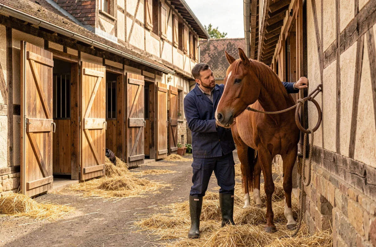 Palefrenier soignant un cheval de trait dans la cour des Ecuries du Chanois en Haute-Saône
