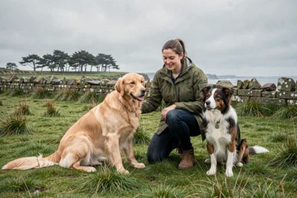 Éducateur canin en Bretagne travaillant avec deux chiens sur un paysage verdoyant typique de la région