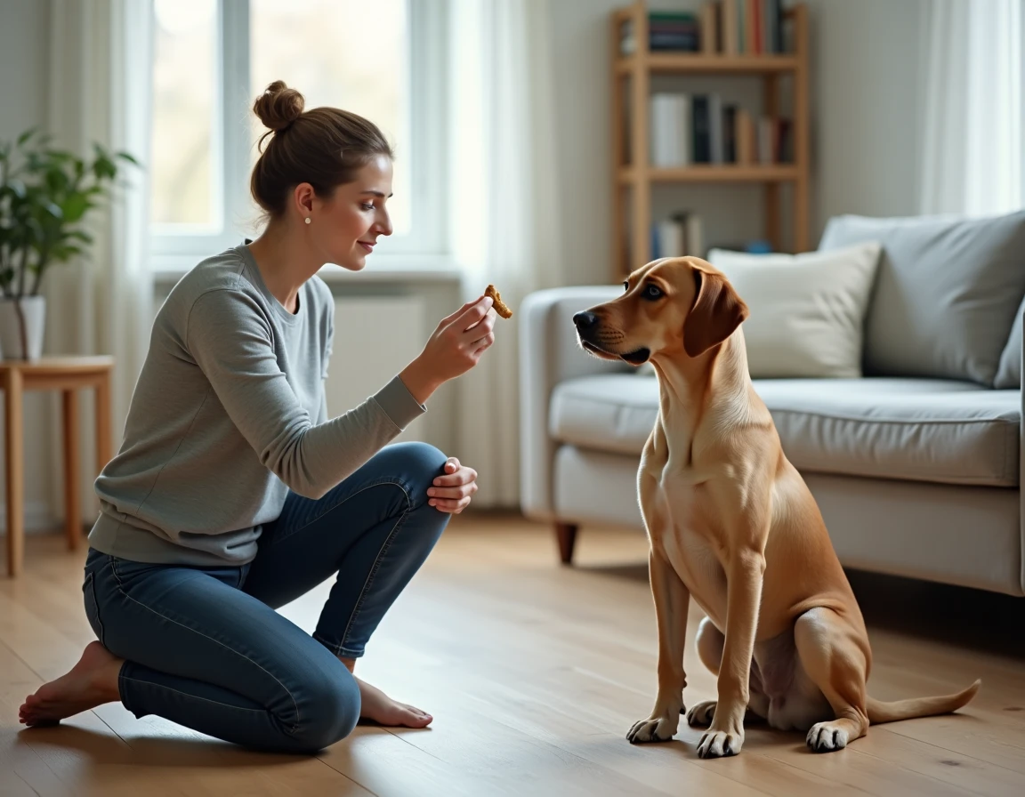 Femme entraînant un croisé Labrador Malinois à la maison, séance d'éducation canine en intérieur avec contact visuel et récompense