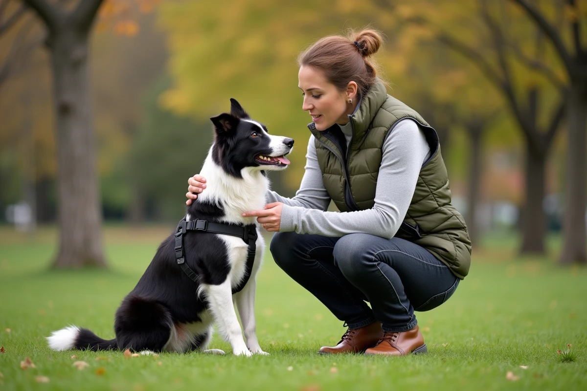 Éducatrice canine expliquant les risques du harnais pour chien dans un parc, en montrant les zones de pression sur le torse de l'animal