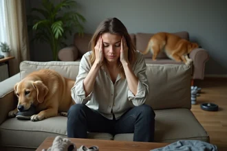 Femme fatiguée sur un canapé entouré de désordre causé par son chien, illustrant le stress lié aux animaux de compagnie