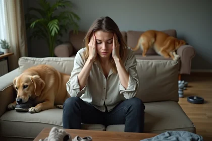 Femme fatiguée sur un canapé entouré de désordre causé par son chien, illustrant le stress lié aux animaux de compagnie