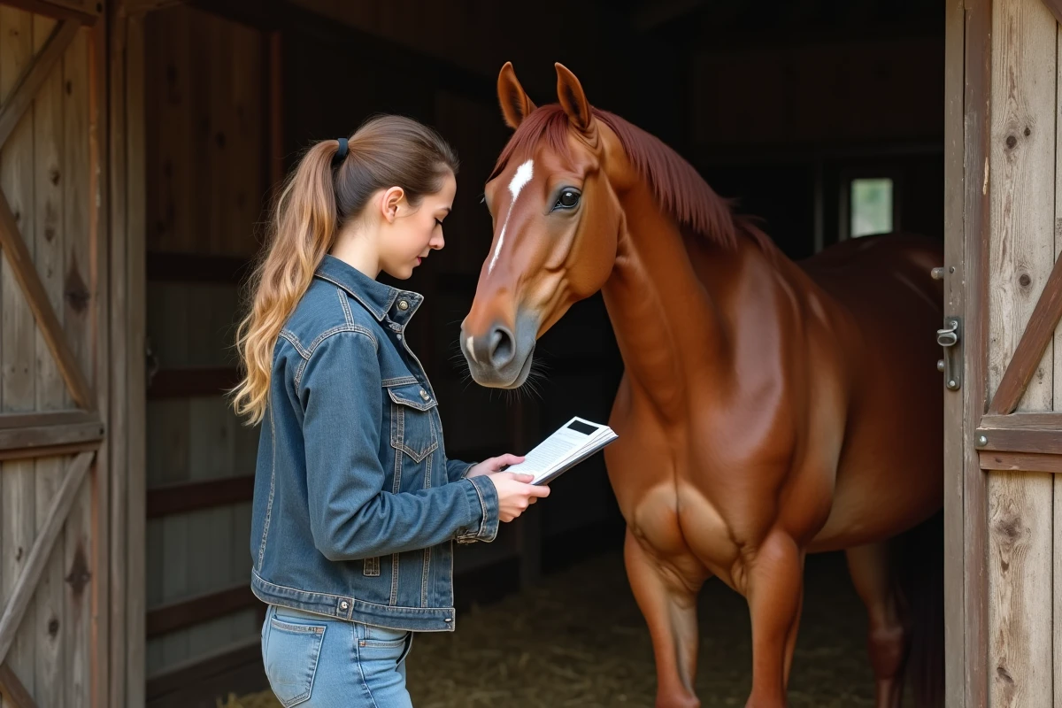 Éleveuse examinant le registre généalogique d'un cheval arabe de race pure dans un haras