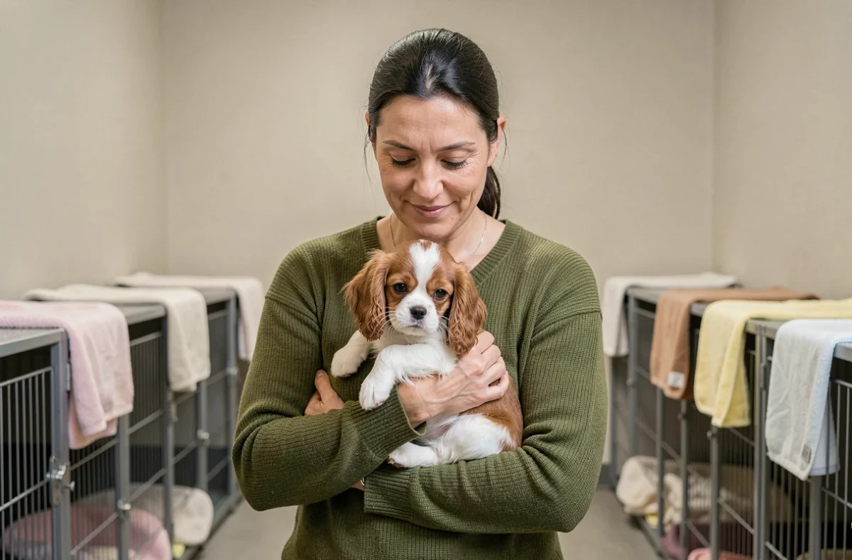 Éleveuse professionnelle tenant un chiot Cavalier King Charles Spaniel dans un élevage certifié en France