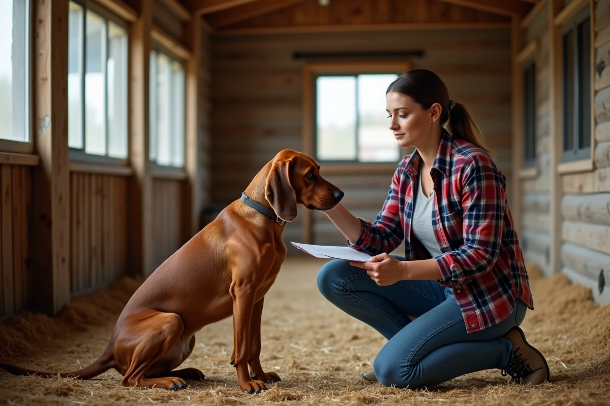 Éleveuse professionnelle examinant un Redbone Coonhound dans un chenil, vérifiant les standards de la race pour éviter les arnaques lors de l'achat d'un chiot