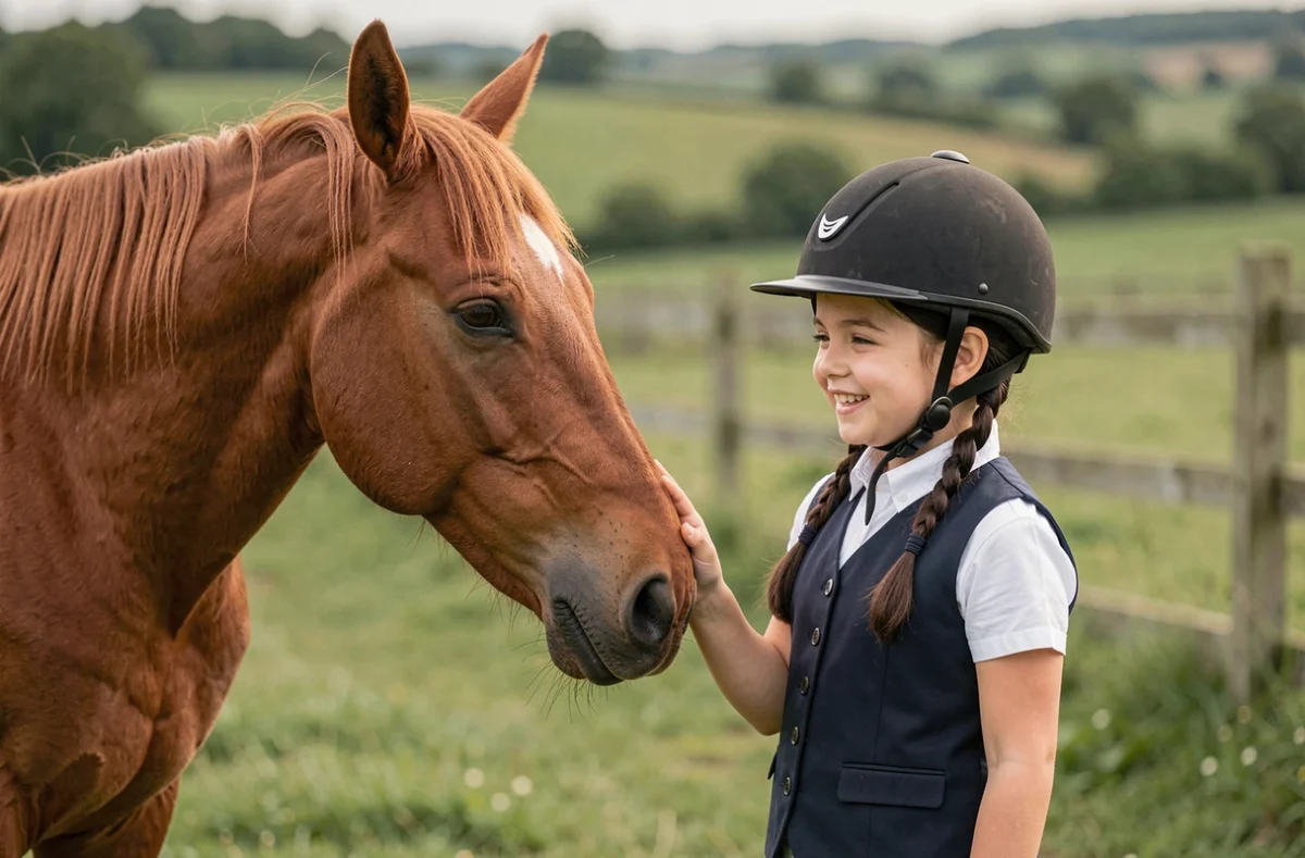 Jeune fille caressant un cheval dans un pré lors d'une initiation à l'équitation