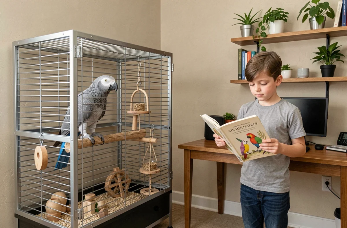 Garçon lisant un livre sur les perroquets près d'une cage sécurisée contenant un Gris du Gabon bleu