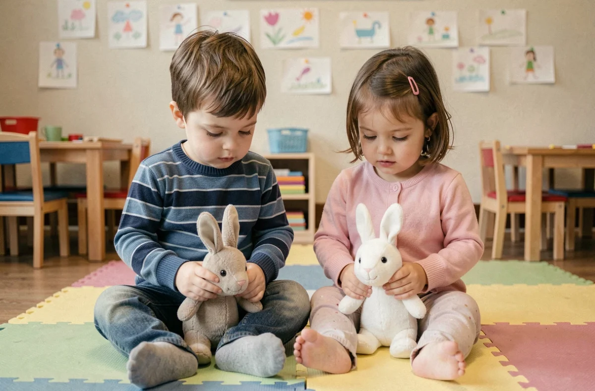 Deux enfants en crèche tenant chacun une peluche Bunny Pal sur un tapis de jeu, illustrant l'usage du jouet en collectivité